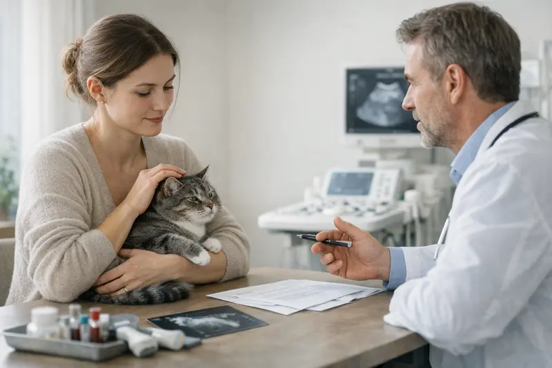 Wichtige Tarifdetails für Katzenversicherungen Katzenbesitzerin bespricht Tarifdetails zur Tierkrankenversicherung am Computer.