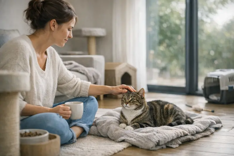 Eingewöhnung einer Katze nach dem Umzug Eine entspannte Katze in einem neuen Zuhause, passend zur Eingewöhnungszeit nach einem Umzug.