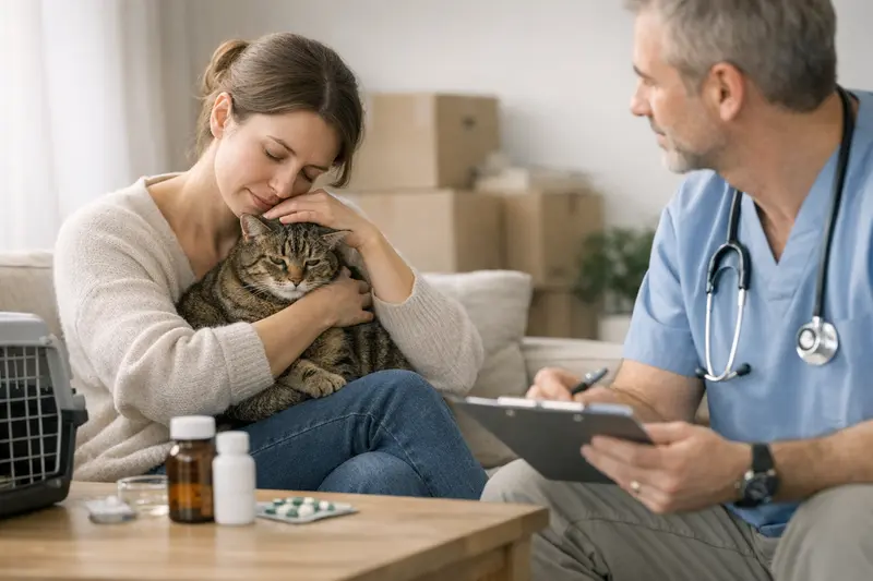 Tierarztbesuch einer Katze bei stressbedingten Beschwerden Eine entspannte Katze beim Tierarzt, die untersucht wird, um stressbedingte Beschwerden festzustellen.