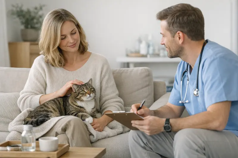 Tierarztbesuch Katze Vorsorge Eine Katze wird von einem Tierarzt untersucht, um zu klären, ob die Katzenversicherung auch Vorsorge abdeckt.