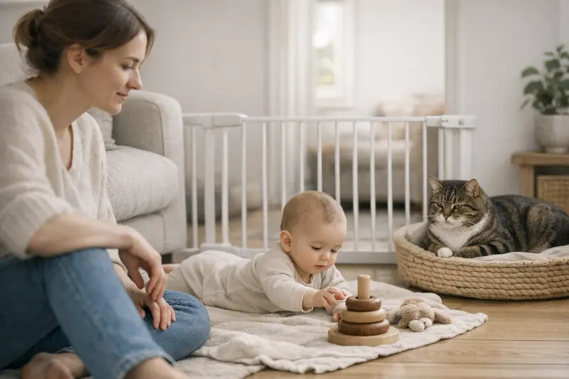 Eine Katze liegt entspannt in einem sicheren Rückzugsort, während ein Baby in der Nähe spielt.