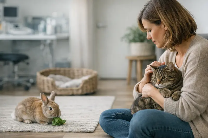 Katzen und Kleintiere bei einer Untersuchung beim Tierarzt.