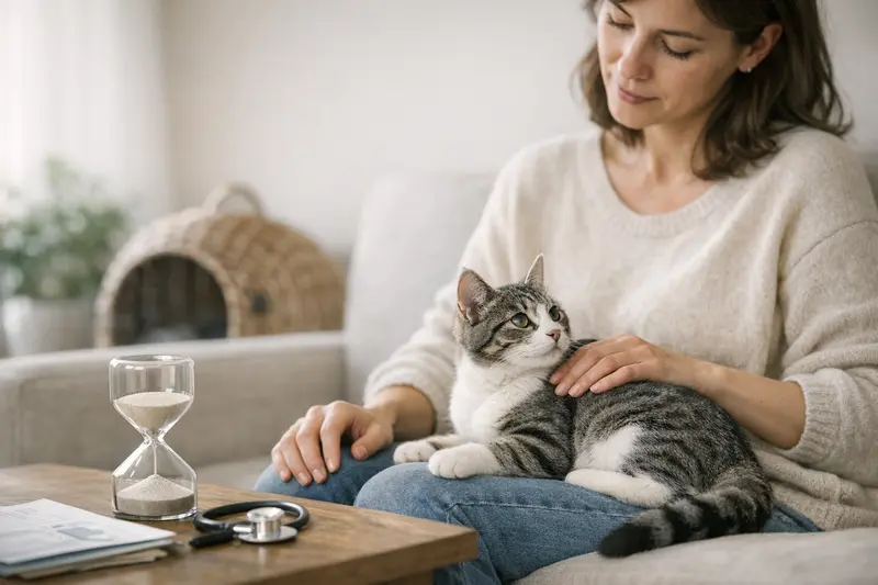 Wartezeiten bei Katzenversicherungen Eine Katze erkundet ihr neues Zuhause, während sich Gedanken über Versicherungswartenzeiten zusammenfügen.