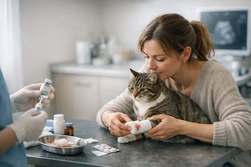 Tierarztkosten bei Kratzverletzungen bei Katzen Tierarzt untersucht die Wunde einer Katze nach einer Kratzverletzung