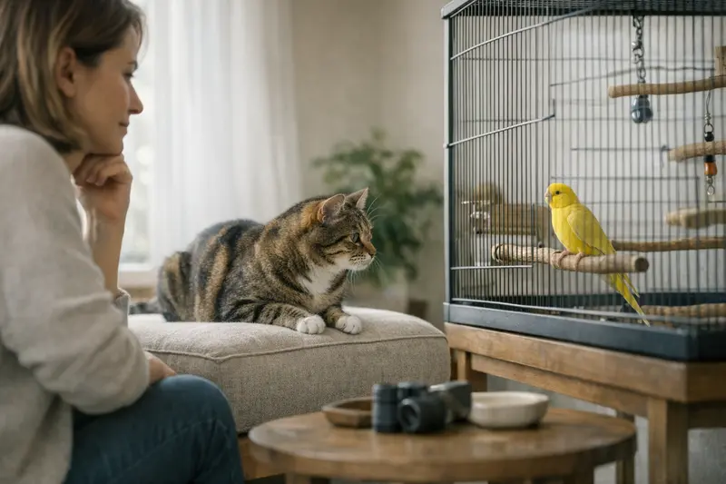 Sichere Koexistenz von Katze und Vogel Eine Katze und ein Vogel sicher in einem gemeinsamen Haushalt, mit klaren Abtrennungen und Aufsicht.
