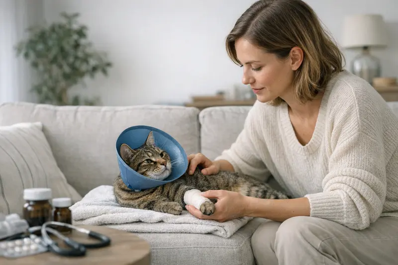 Tierarztbesuch einer Katze zur OP-Versicherung Eine Katze auf dem Untersuchungstisch beim Tierarzt, bereit für eine OP.