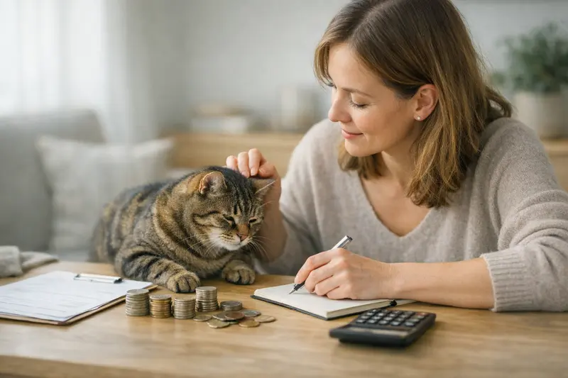 Eine Katze sitzt auf einem Tisch und wird von ihrem Besitzer untersucht, um die Kosten einer Katzenversicherung zu besprechen.