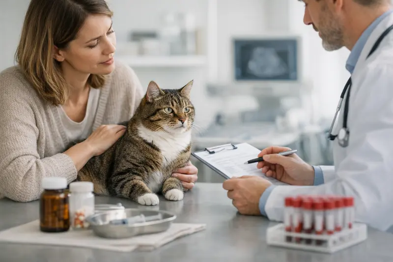 Tierarztbesuch einer Katze zur Diagnostik Eine Katze sitzt auf dem Tisch beim Tierarzt und erhält eine medizinische Untersuchung.