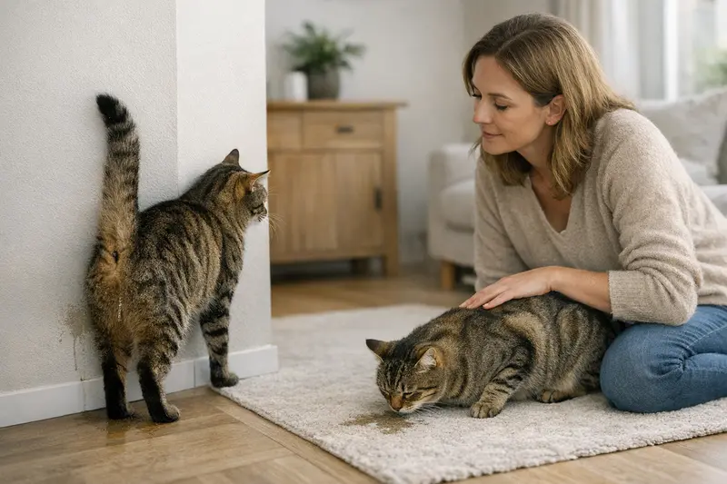 Markieren oder Unsauberkeit bei Katzen Katze, die an einer vertikalen Fläche uriniert und Markieren zeigt.