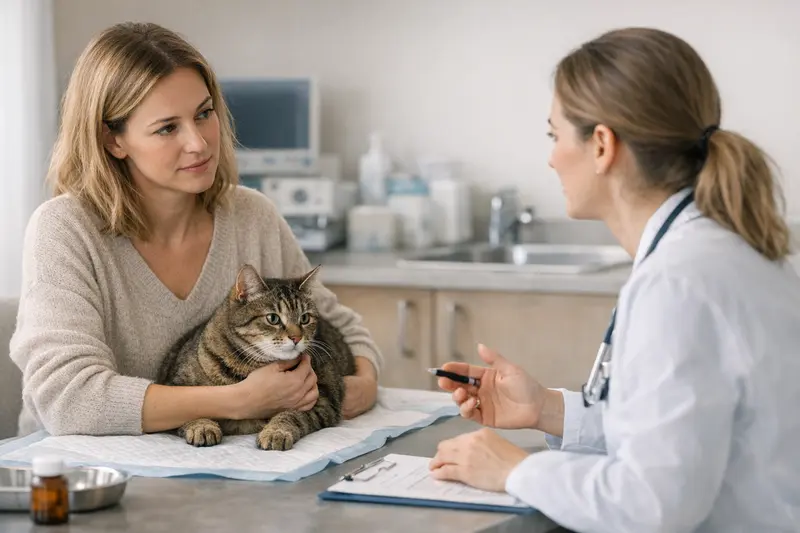 Tierarzt untersucht eine Katze auf gesundheitliche Probleme aufgrund von Unsauberkeit.