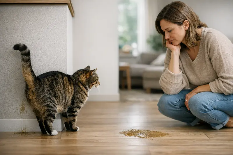 Unsauberkeit und Markieren bei Katzen Illustration, die den Unterschied zwischen Markieren und Unsauberkeit bei Katzen verdeutlicht.