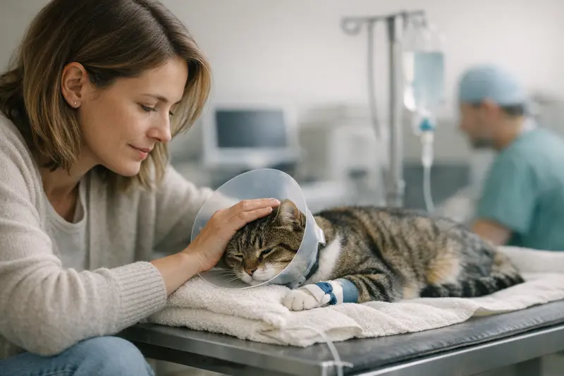 Katzenoperation mit tierärztlicher Betreuung Eine Katze wird während einer Operation von einem Tierarzt betreut, was die Wichtigkeit einer OP-Versicherung unterstreicht.