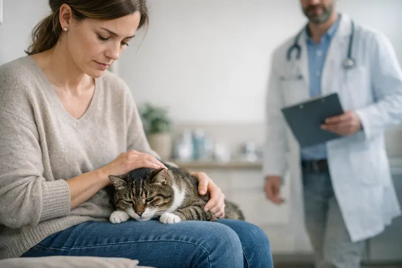 Eine Katze wirkt apathisch und benötigt tierärztliche Hilfe aufgrund gesundheitlicher Probleme.