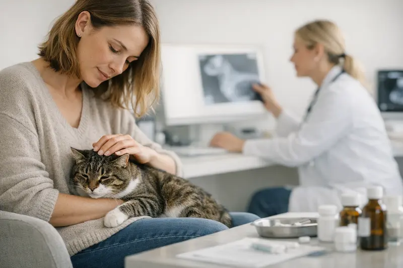Katzengesundheit und Versicherungen Eine entspannte Katze beim Tierarzt, während sie auf eine gründliche Gesundheitsuntersuchung wartet.