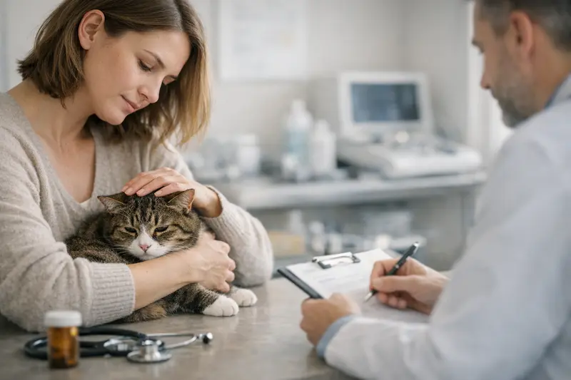 Katzenkrankenversicherung Leistungspunkte prüfen Eine Katze beim Tierarzt, die auf eine Untersuchung wartet.