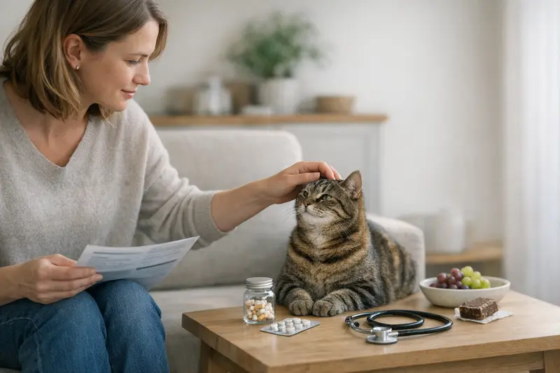 Tarifvergleich für Katzenkrankenversicherung Gesunde Katze sitzt neugierig auf einem Tisch, während eine Hand eine Versicherungspolice überprüft.