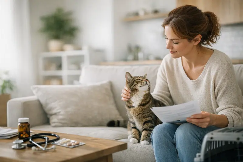 Gesunde Katze sitzt in der Sonne und wird von ihrem Besitzer beobachtet, während sie den Tarifvergleich für eine Katzenkrankenversicherung durchführt.