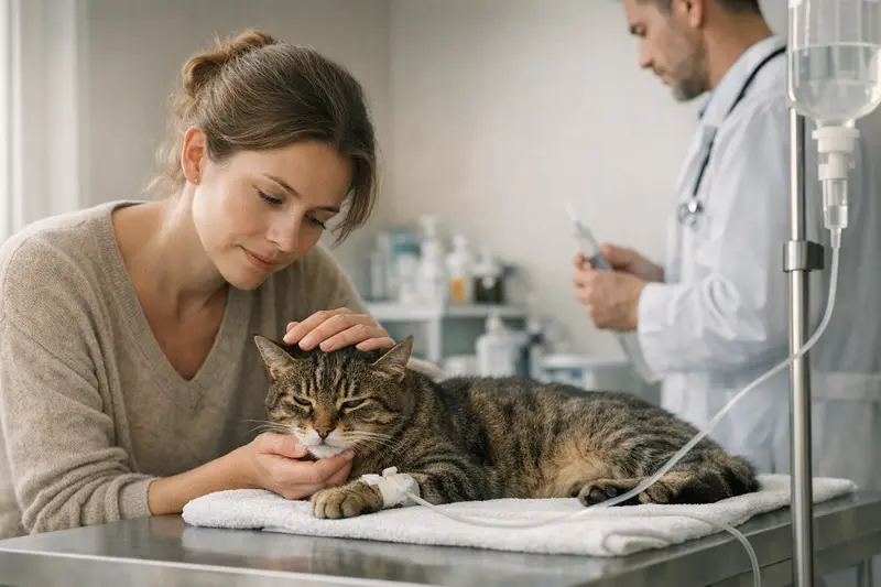 Katzenhalter bespricht mit Tierarzt die Behandlungskosten für einen vergifteten Kater.