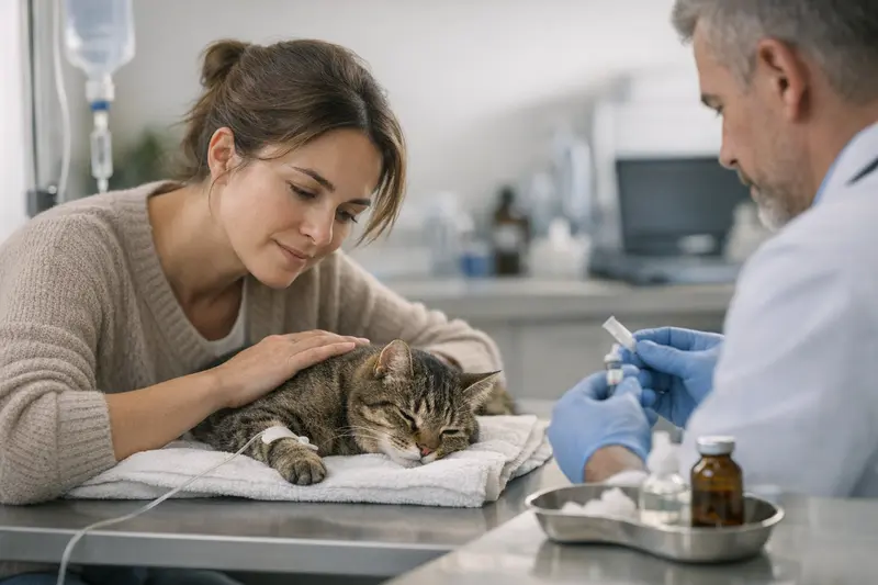 Eine Katze bei einem Tierarzt, die untersucht wird, um sicherzustellen, dass sie bei einer Vergiftung behandelt wird.