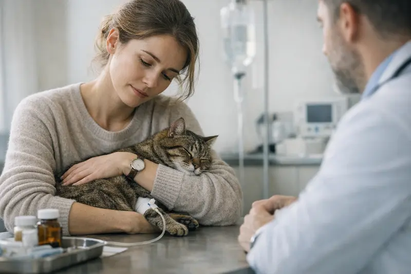 Tierarztbesuch bei Katzenvergiftung Eine Katze wird von einem Tierarzt in einer Notfallsituation behandelt.