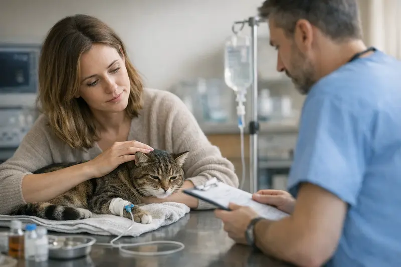 Notfallbehandlung für Katzen Ältere Katze beim Tierarzt, umgeben von medizinischen Utensilien, die auf Notfallbehandlungen hinweisen.