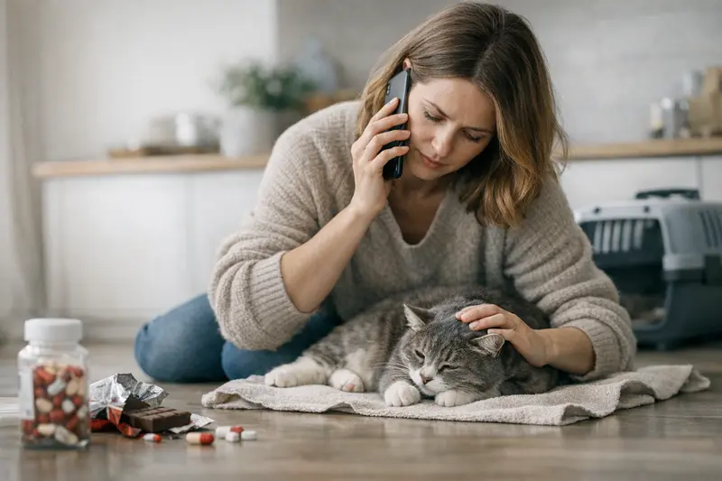 Tierarztbesuch bei Verdacht auf Vergiftung Tierarzt besucht mit einer Katze, die möglicherweise vergiftet wurde, um sofortige Hilfe zu leisten.
