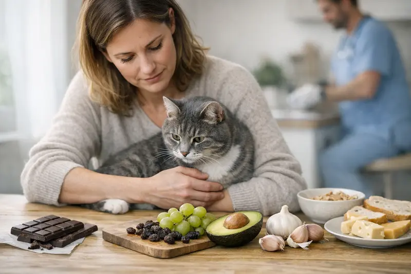 Gefährliche Lebensmittel für Katzen Eine Katze, die vor gefährlichen Lebensmitteln wie Schokolade und Zwiebeln auf einem Tisch sitzt.