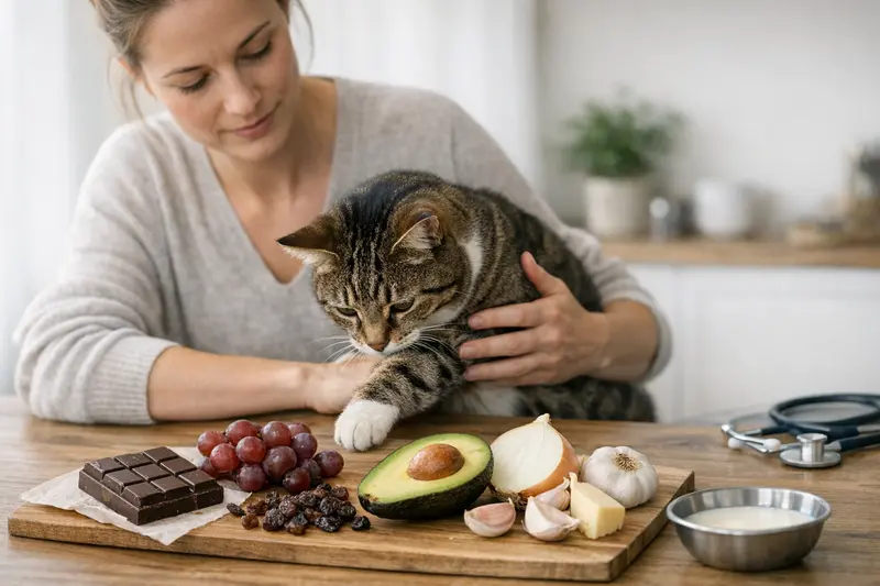 Lebensmittel, die Katzen schaden können Gefährliche Lebensmittel für Katzen wie Schokolade, Trauben und Zwiebeln auf einem Tisch.