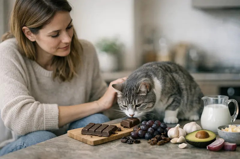 Eine Katze sitzt neugierig vor einem gefährlichen Lebensmittel wie Schokolade.