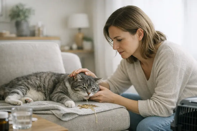 Eine besorgte Katze zeigt Anzeichen einer Vergiftung, wie starkes Erbrechen und Apathie.