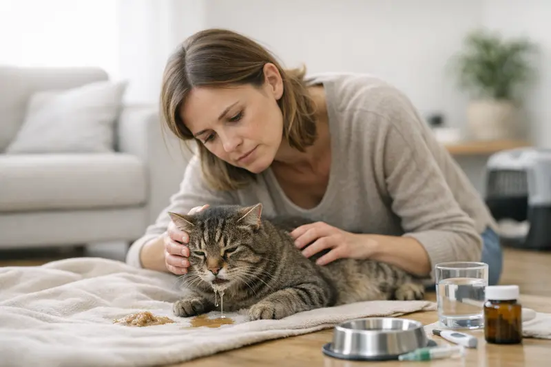 Erkennung von Vergiftungszeichen bei Katzen Katze zeigt Anzeichen einer Vergiftung mit starkem Erbrechen und Apathie.