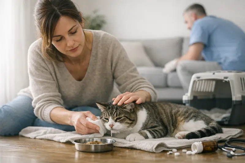 Eine besorgte Katze mit einem Tierhalter, der Anzeichen einer Vergiftung erkennt.