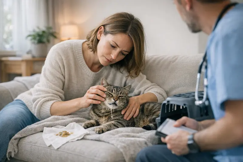Katze zeigt Symptome einer Vergiftung mit starkem Erbrechen und Apathie