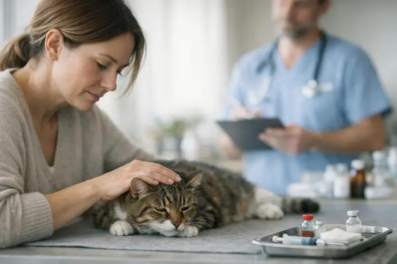 Katzenkrankenversicherung und Vergiftungen Eine besorgte Katzenhalterin am Telefon, während ihr Tierarzt über mögliche Vergiftungen berät.