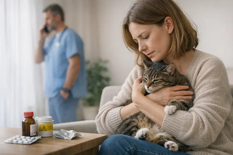Katze nach gefährlichem Verzehr beim Tierarzt Eine besorgte Katze mit dem Tierarzt, die Symptome nach dem Verzehr von etwas Gefährlichem zeigt.