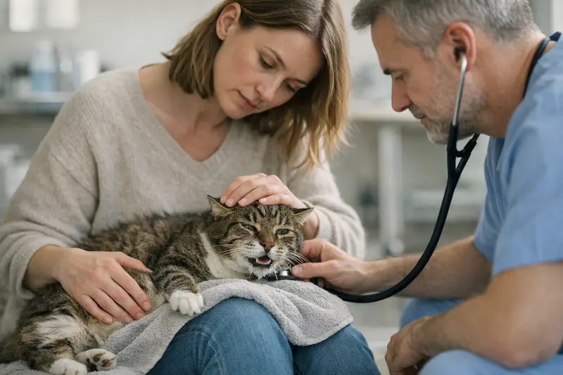 Katzenvergiftung Symptome erkennen Eine besorgte Katzenhalterin untersucht ihre Katze auf Anzeichen einer Vergiftung.