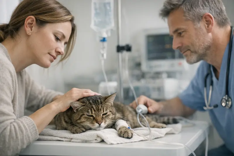 Eine Katze beim Tierarzt, die auf mögliche Vergiftung untersucht wird.