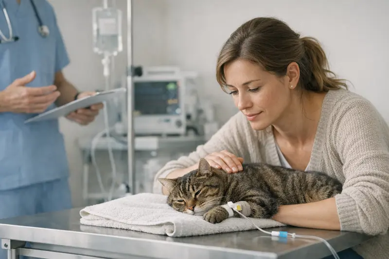 Katze im Tierarzt für Notfalluntersuchung Eine Katze in einer Tierarztpraxis, die für Notfalldiagnosen untersucht wird.