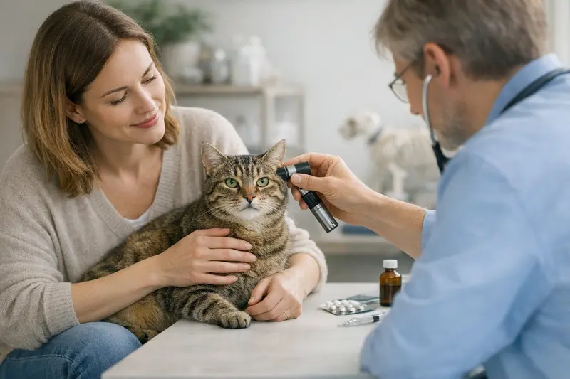Vorsorgeuntersuchungen bei Katzen Eine gesunde Katze wird beim Tierarzt für Vorsorgeuntersuchungen betreut.