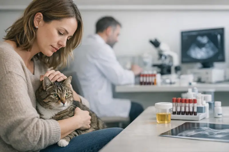 Tierärztliche Untersuchung einer Katze auf Symptome mit Geräten zur Diagnostik.