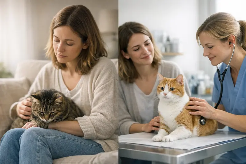 Untersuchung einer Katze beim Tierarzt Eine Katze, die beim Tierarzt untersucht wird, um zwischen akuten und chronischen Beschwerden zu unterscheiden.