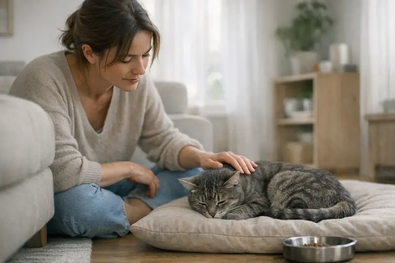 Eine Katze in Kauerhaltung zeigt Anzeichen von Schmerzen und Unwohlsein.