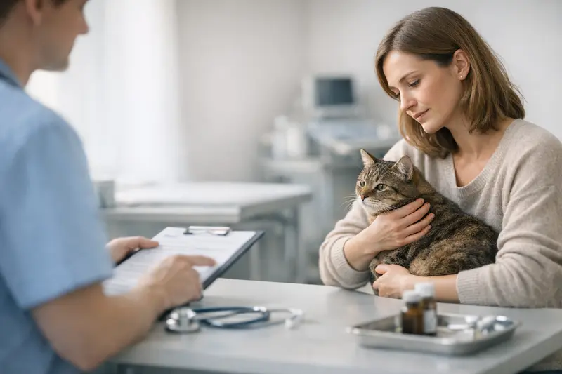 Katze beim Tierarzt – Wichtige Aspekte der Krankenversicherung Eine Katze steht auf einem Tisch beim Tierarzt, während die Tierärztin die Krankheitsgeschichte aufnimmt.