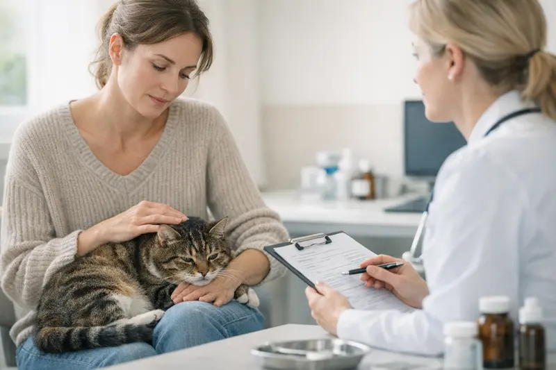 Ein Tierarzt untersucht eine Katze mit Anzeichen von Verstopfung und erklärt die möglichen Kosten für Behandlungen.