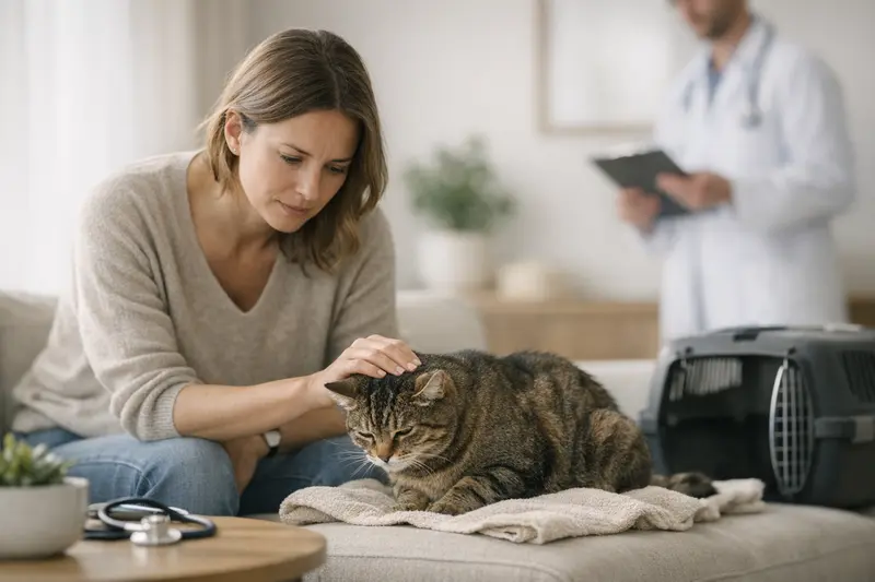 Katze mit Verstopfung beim Tierarzt Eine Katze zeigt Anzeichen von Unwohlsein, sitzt auf einem Katzentoilette und presst.