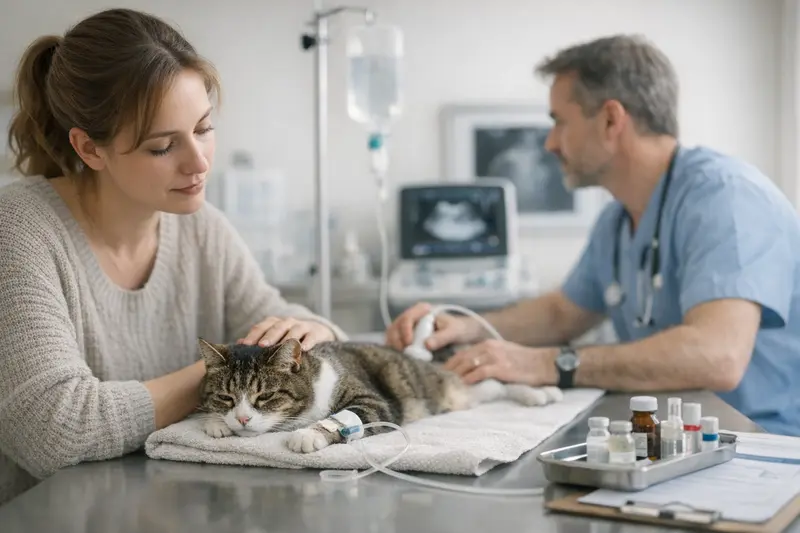 Tierarztleistungen bei Katzenverstopfung Tierarzt untersucht eine Katze mit Verstopfungssymptomen.