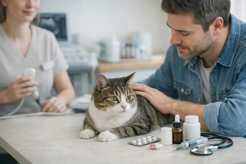 Katzenversicherung und Tierarztkosten Eine Katze wird beim Tierarzt untersucht, wobei Medikamente und Diagnostik erörtert werden.