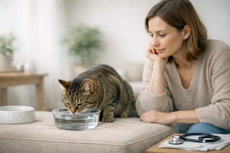 Katze trinkt aus Napf Eine gesunde Katze trinkt Wasser aus einem Napf, was auf ihre Hydration hinweist.