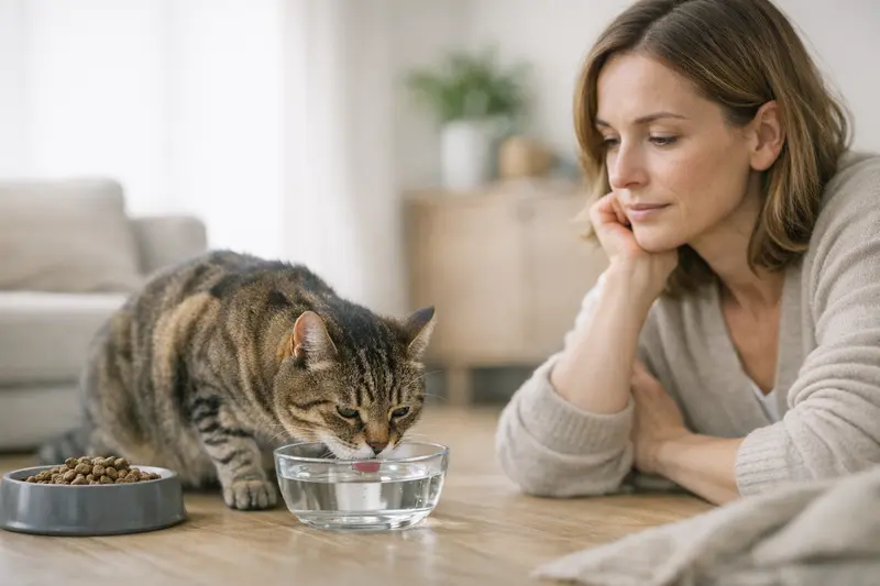 Katze trinkt Wasser nach Trockenfutter Katze trinkt aus einem Wassernapf nach dem Verzehr von Trockenfutter