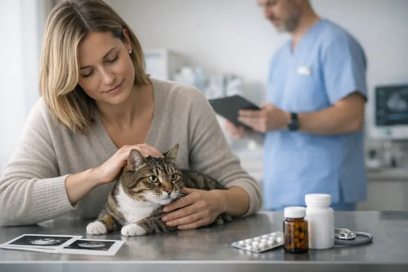 Katzenversicherung und Tierarztkosten Eine Katze beim Tierarzt, die eine Gesundheitsuntersuchung erhält.